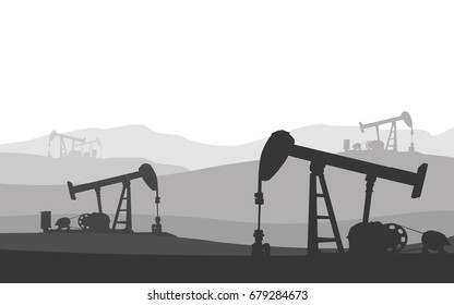 Silhouette of oil rig pump in petrochemical industrial over mountain range .Detailed vector illustration