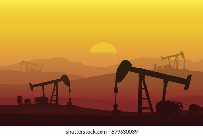 Silhouette of oil rig pump in petrochemical industrial over mountain range in sunset.Detailed vector illustration