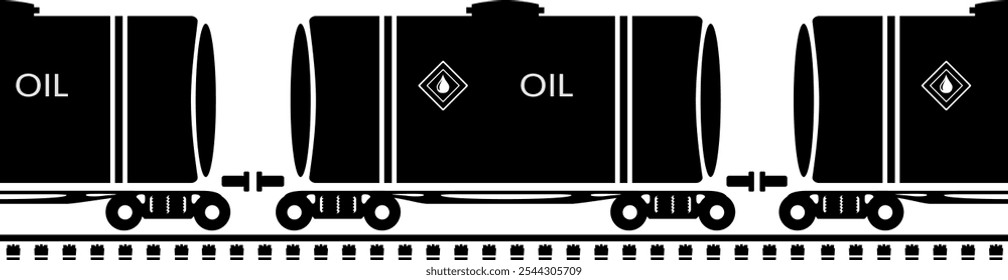 Silhouette of an oil tank on the railway tracks. Icons of freight cars for transporting petroleum products.