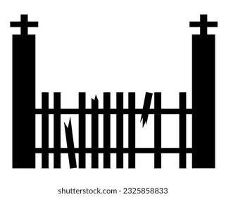 Silhouette of old broken fence with cross for Haloween decoration