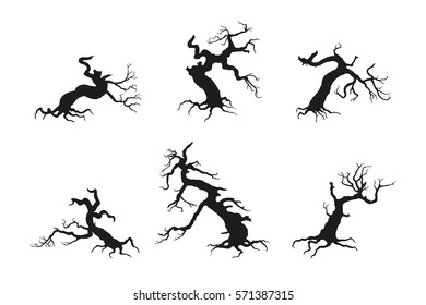 Silhouette of the old broken tree on a white background. Black dead plant. Vector illustration