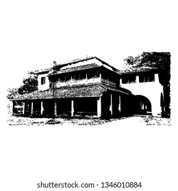 Silhouette Of An Old Bungalow Isolated On A White Background.