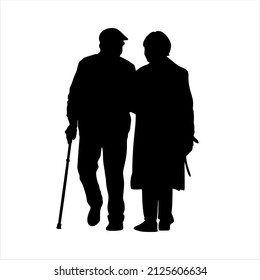 silhouette of old couple holding for hands isolated on white background