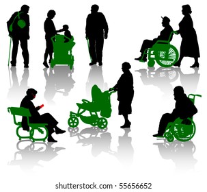 Silhouette of old and disabled people.