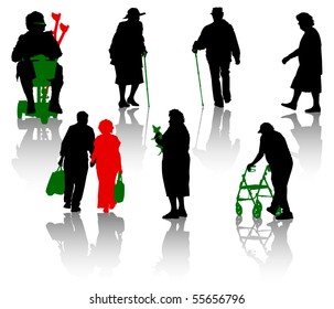 Silhouette of old and disabled people.