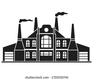 Silhouette Old Factory Building With Smoking Chimneys.Vector Flat.Pollution Of The World.Building Facade.