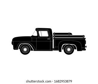 Silhouette old farmer retro pickup truck isolated on white background. Vintage transport car. Flat vector illustration