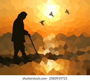 Silhouette of an old grandmother at sunset. hand drawn. Not AI, Vector illustration.