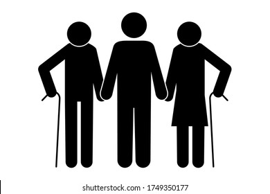 Silhouette of old husband and wife with son. Image of grandparents with son. Vecton image. Stock Photo.