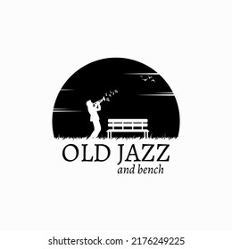 Silhouette of Old Jazz and Wooden Bench Logo Design Vector