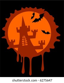 Silhouette of the old lock on a background of the stylized moon and bats.