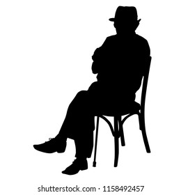 Silhouette of an old man with a cane sitting on a chair on white background, vector illustration