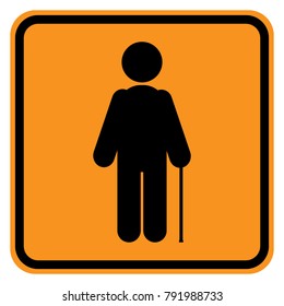Silhouette of OLD MAN with cane in yellow and black square. Vector icon.
