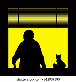 Silhouette of old man with a cat before the window at night. Concept of loneliness