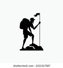 silhouette of old man hiker having fun celebrating success on top of hill by planting flag.