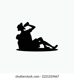 silhouette of old man hiker resting drinking water.
