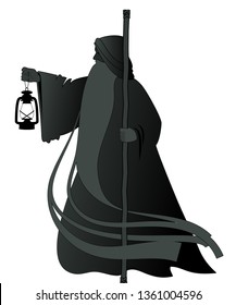 Silhouette of old man with a long beard, wearing a long hooded robe, leaning on a staff and illuminating his path with an old lamp. Isolated on white background