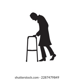 Silhouette of an old man with walkers helping to walk confidently.