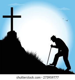 silhouette of old man walking towards a cross