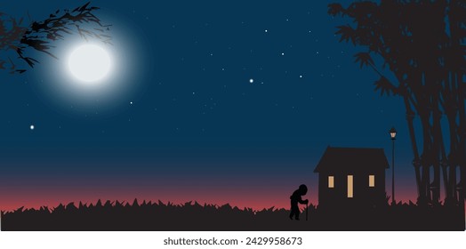 the silhouette of an old man who lives in his small hut on the outskirts of the bamboo forest is out enjoying the evening