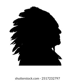 Silhouette of old Native American man in headdress side view, isolated