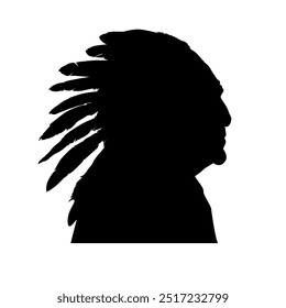 Silhouette of old Native American man in headdress side view, isolated