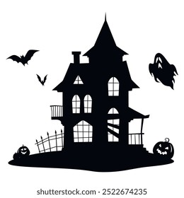 Silhouette of an old, ominous haunted house with empty windows, bats and pumpkins, conveying an atmosphere of fear and mysticism. Decoration for Halloween and other themed events