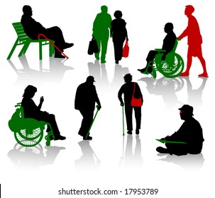 Silhouette of old people and disabled persons