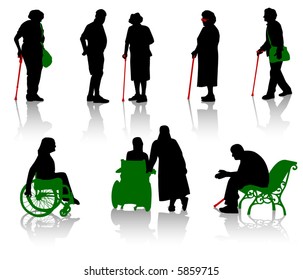 Silhouette of old people and disabled persons