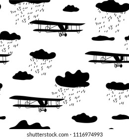 Silhouette de un viejo avión contra un fondo de nubes y lluvia. Textura vectorial en estilo infantil, excelente para tela y textil, papel pintado, fondo.