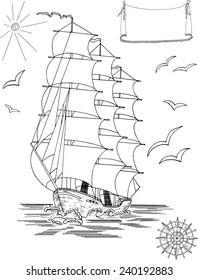 Silhouette of old sailing ship, legend banner, wind rose, gulls and sun, design collection, hand drawing, graphics, isolated on white