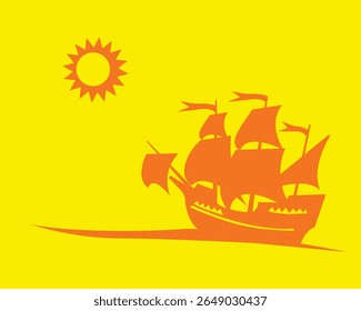 Silhouette of an old sailing ship on a yellow background. Vector image for prints, poster and illustrations.