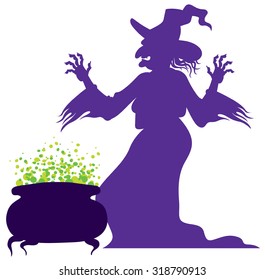 silhouette of the old scary witch with magic cauldron