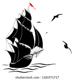 Silhouette of an old ship with sails