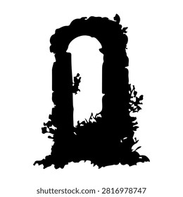 Silhouette of an old stone archway covered in vines and plants, evoking a sense of history and nature reclaiming man-made structures.