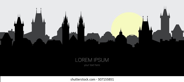 Silhouette of old town of Prague. Cityscape in the european city at sunrise. Vector illustration for website or banner. Travel background with space for text.