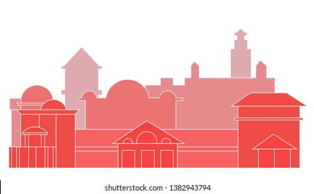 Silhouette of the old town. Urban landscape in pink hues. Silhouette of the castle. Ancient architecture. Fabulous pink background from buildings. Panorama of the city in the fog