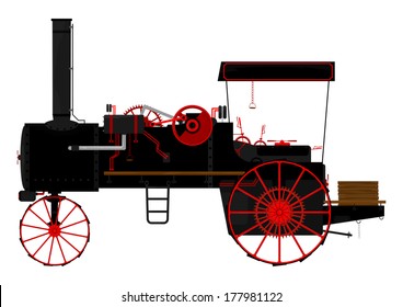 Silhouette of an old traction engines on a white background. Vector