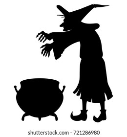 The silhouette of an old ugly witch who conjures a cauldron