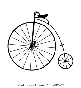 Silhouette of old velocipede. Black silhouette of a retro bicycle on a white background.