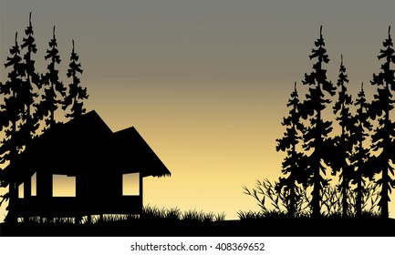 silhouette of the old village with hut at the afternoon