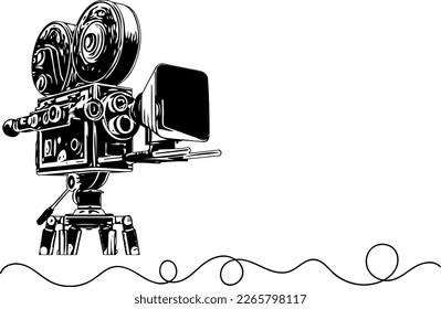 Silhouette of old vintage movie camera, line art vector illustration of old retro video camera