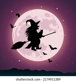 Silhouette of old witch flying on a broomstick against full moon light, wizard with cat, harridan with bats. Halloween background, fantasy and magic concept. Cartoon flat  vector illustration