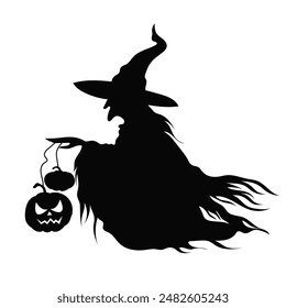 Silhouette of an old witch in rags with pumpkins. Halloween. Holiday decor. Black and white evil witch. Fairytale character.