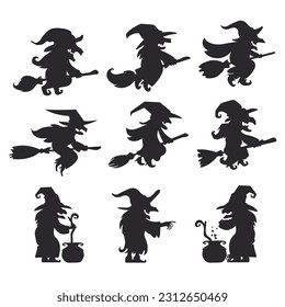 silhouette of an old witch riding a flying broomstick The witch concocted poison in the devil's cauldron.