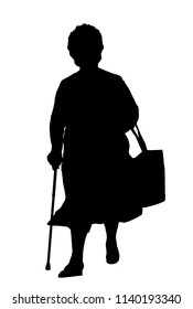 Silhouette of a old woman with cane on a white background, vector illustration