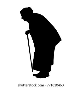 Silhouette of a old woman with cane on a white background, vector illustration