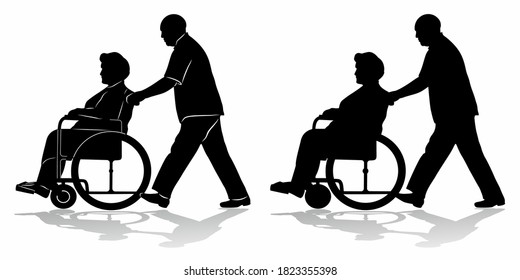silhouette old woman in wheelchair and assistant  black   white drawing  white background