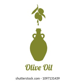 Silhouette olive oil with bottle and olives branch for label design.