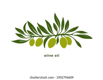 Silhouette of olive tree, green fruit, leaves, isolated on white background. Vector pattern. Organic natural oil. Wild harvest. Design for print, simple symbol, stylized logo